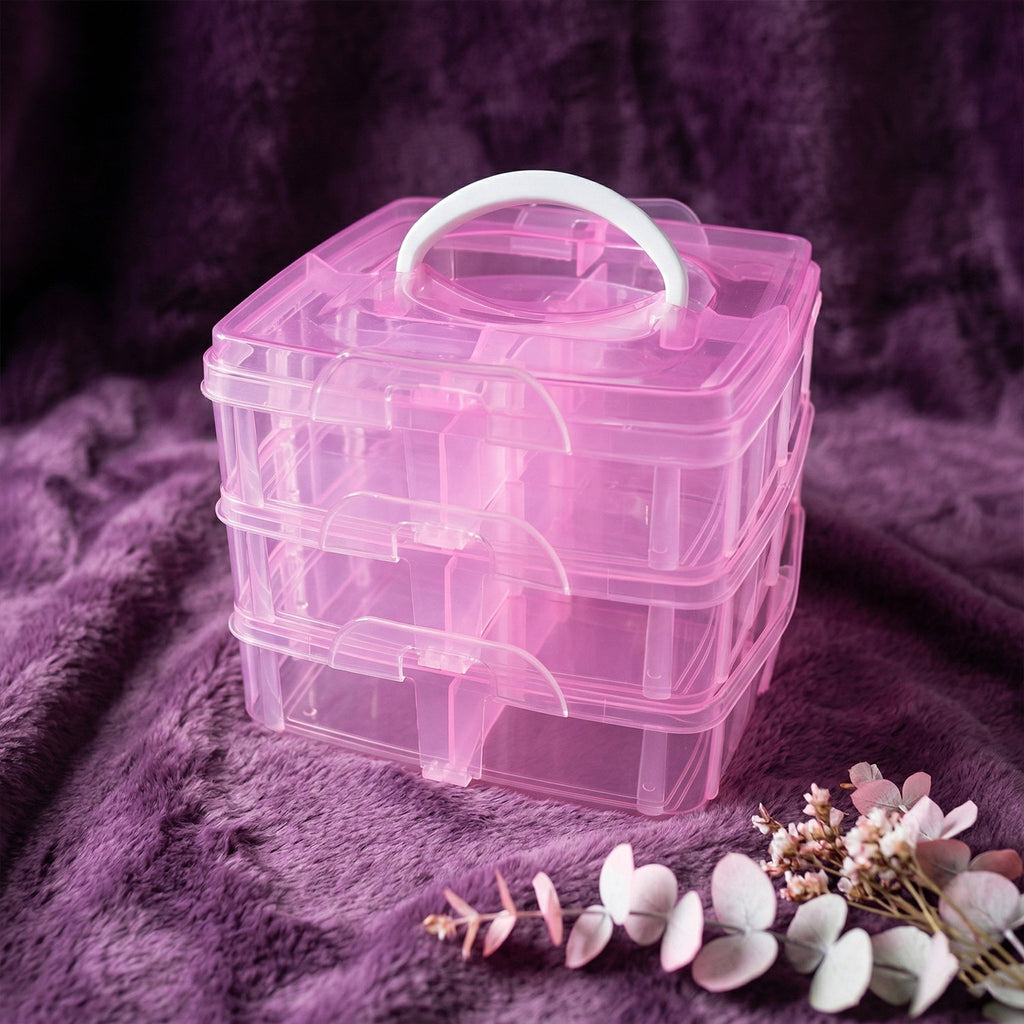 Portable clear craft storage box with sturdy handle for easy transport