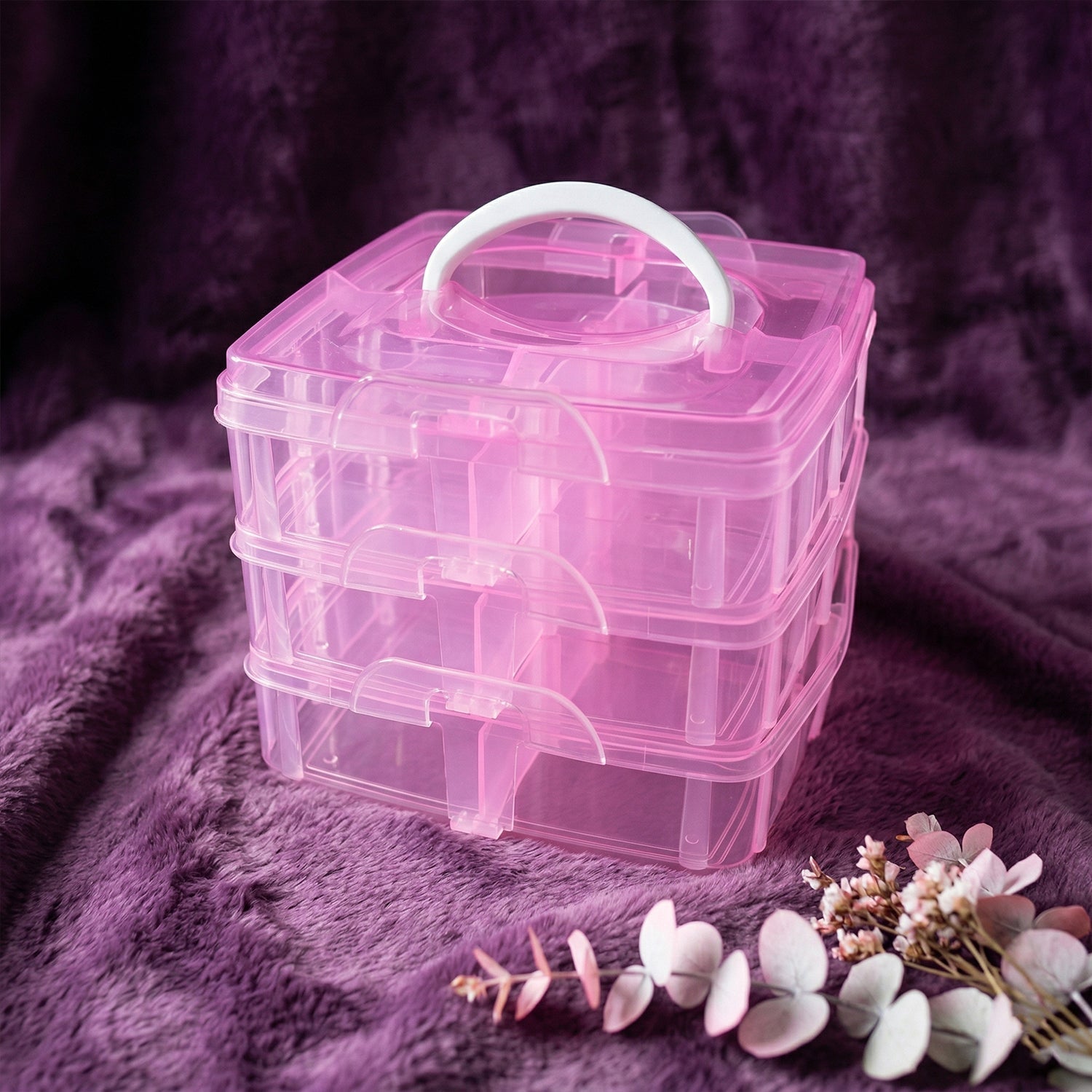 Portable clear craft storage box with sturdy handle for easy transport