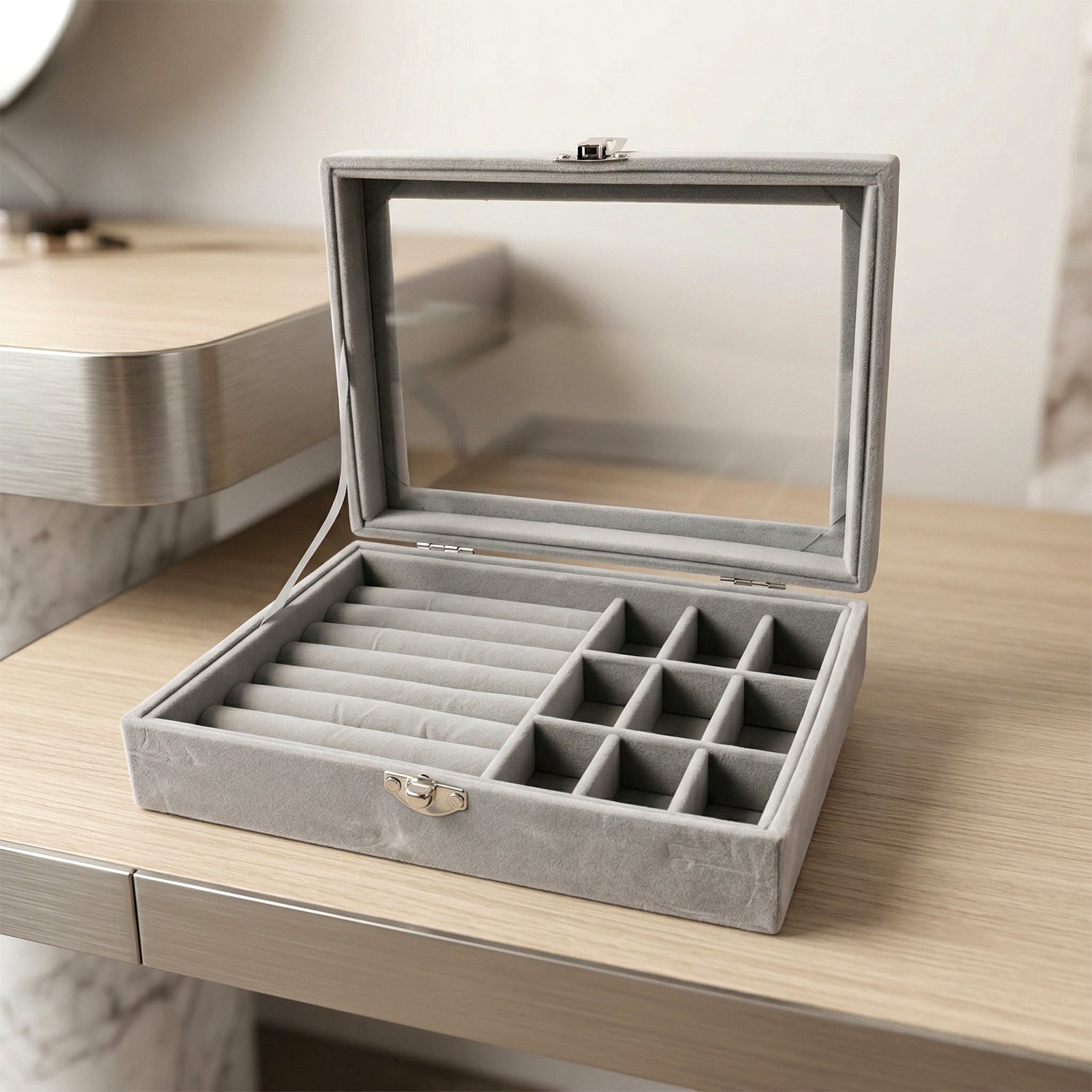 Side view of velvet jewelry box with transparent lid