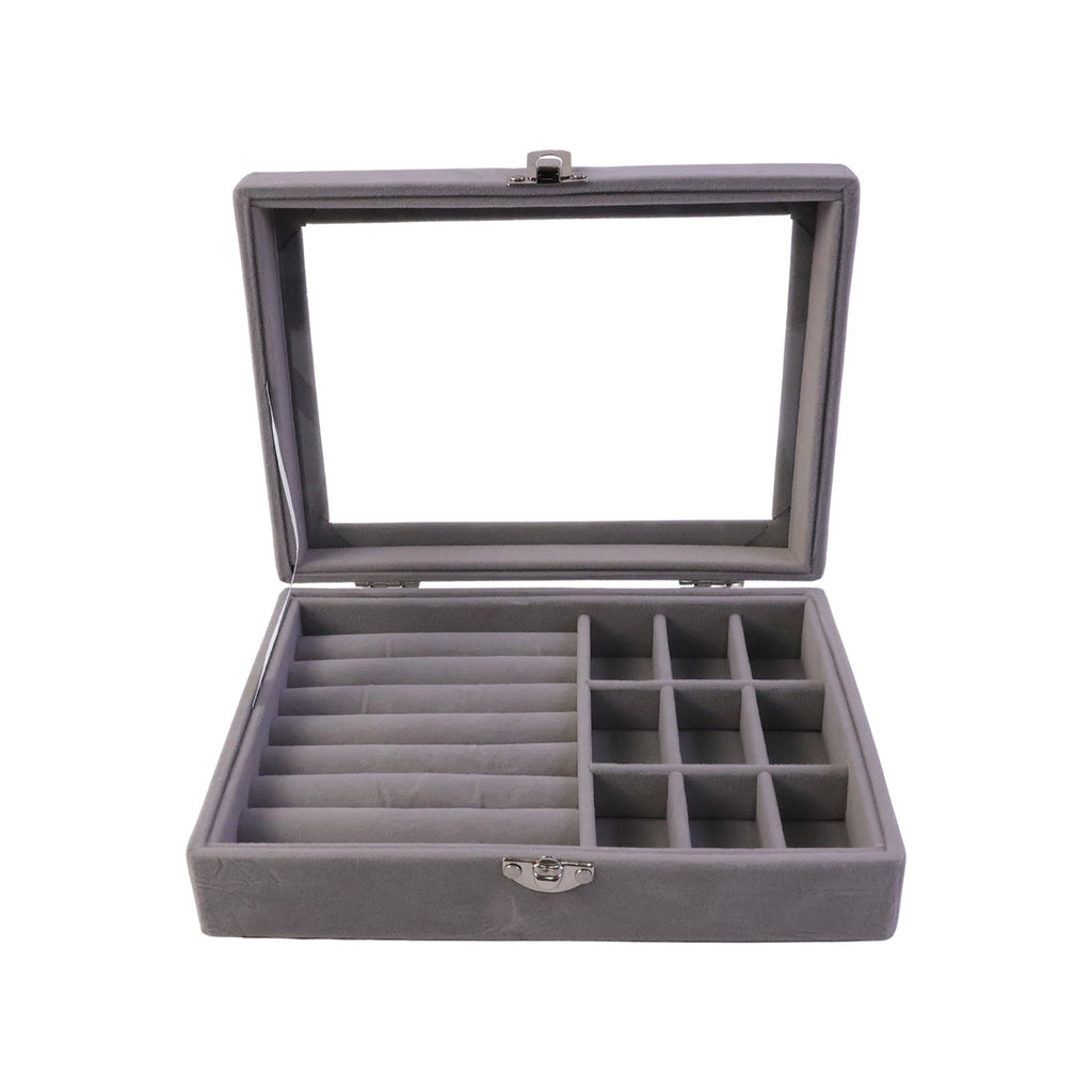 Top view of velvet jewelry organizer with transparent lid