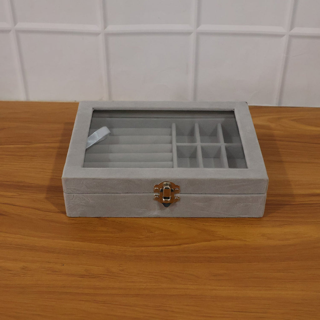 Back view of velvet jewelry organizer with transparent lid