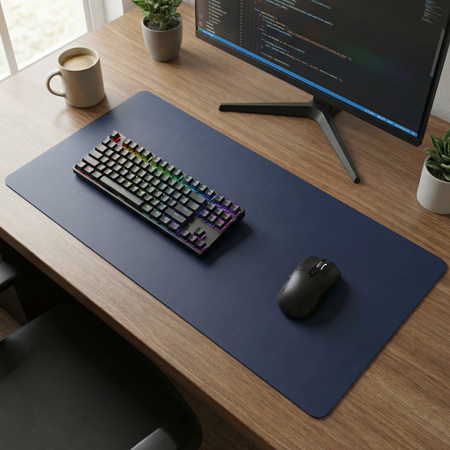 Extended black desk mat suitable for office and gaming