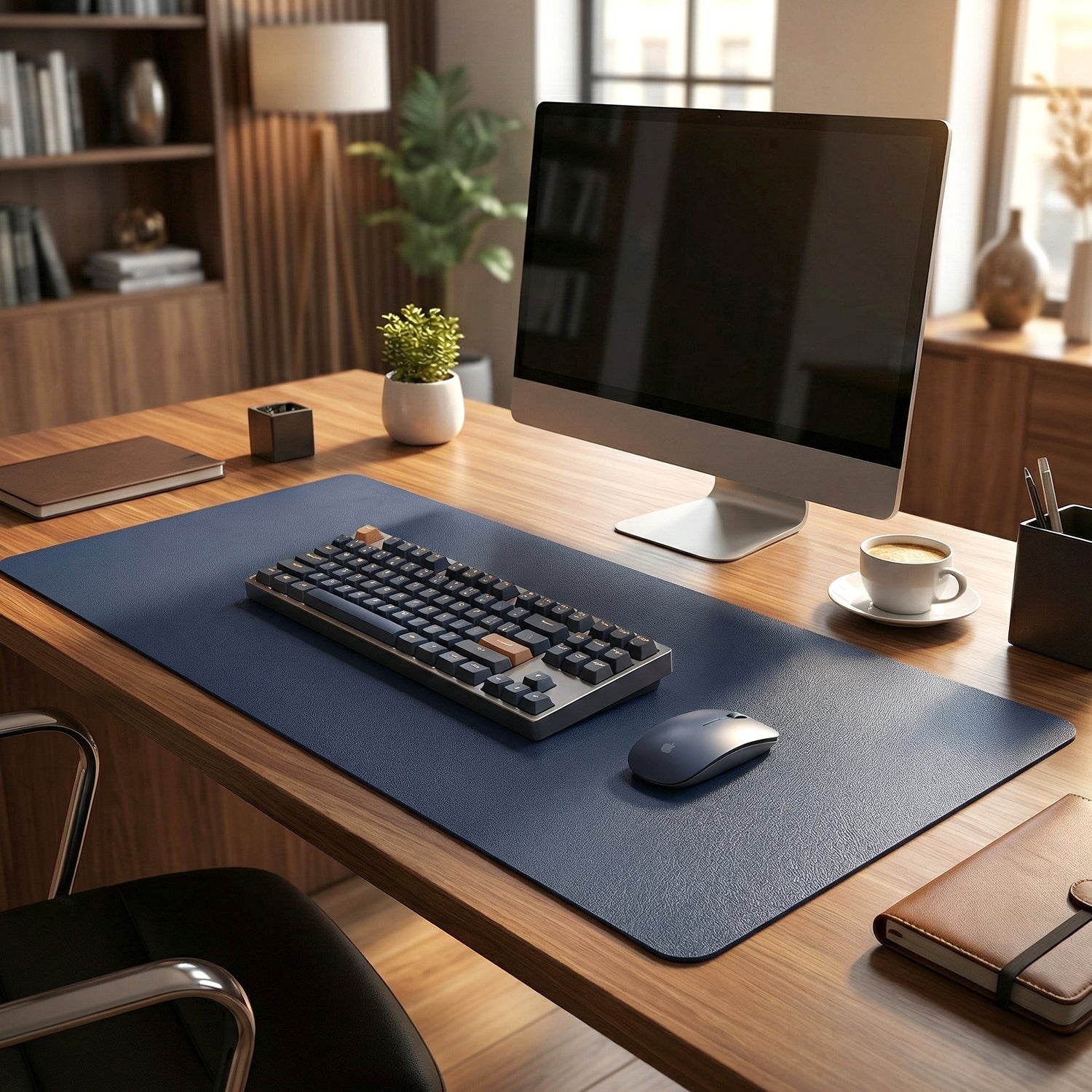 Large leather desk mat protecting workspace from scratches and spills