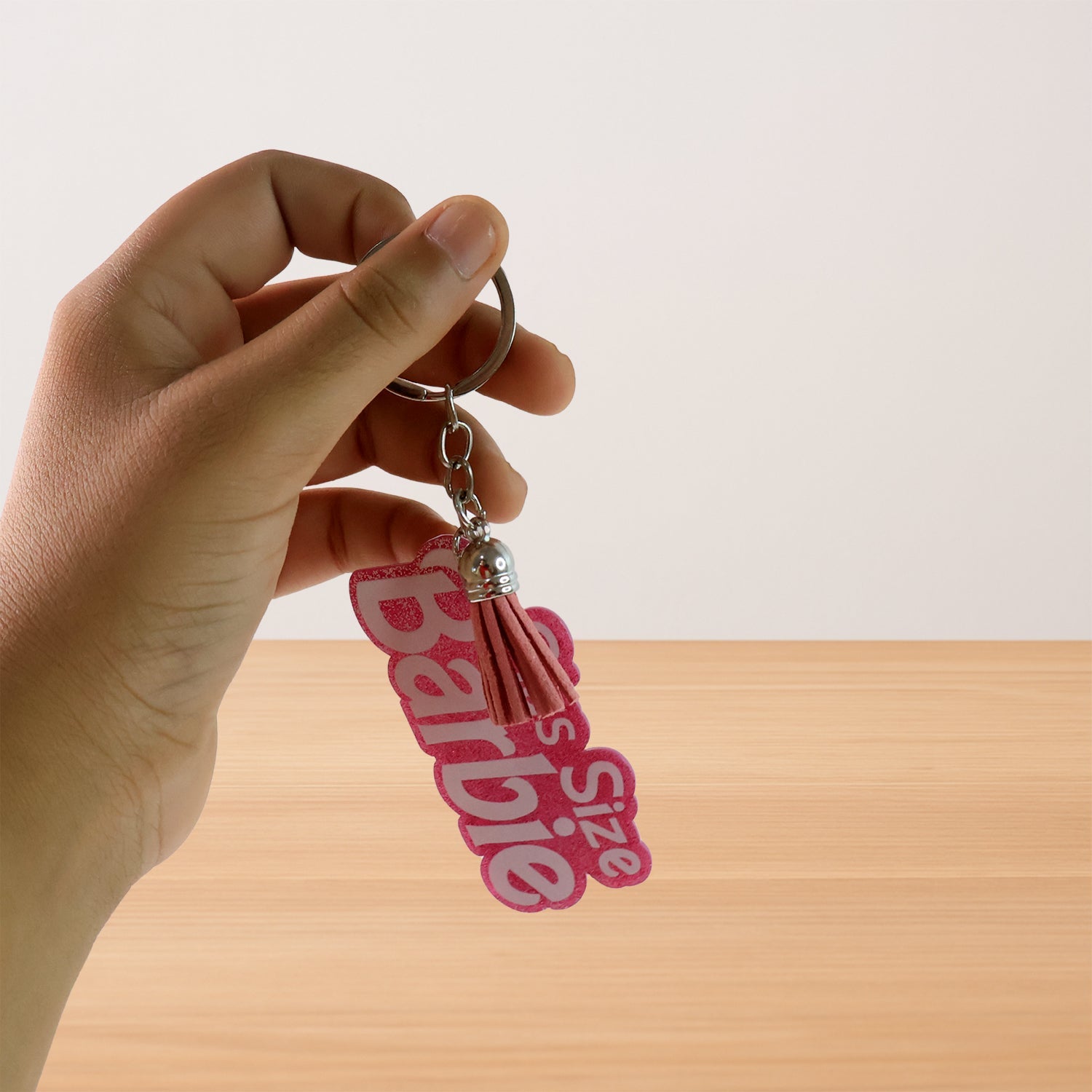 Glitter lettering on Plus Size Barbie keychain accessory