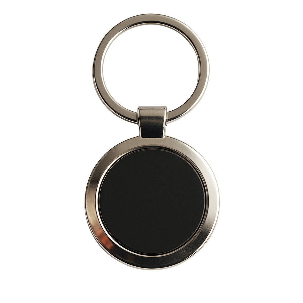 Classic round key ring featuring a chrome border with black center insert.