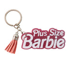 Trendy text keychain featuring Plus Size Barbie with tassel detail