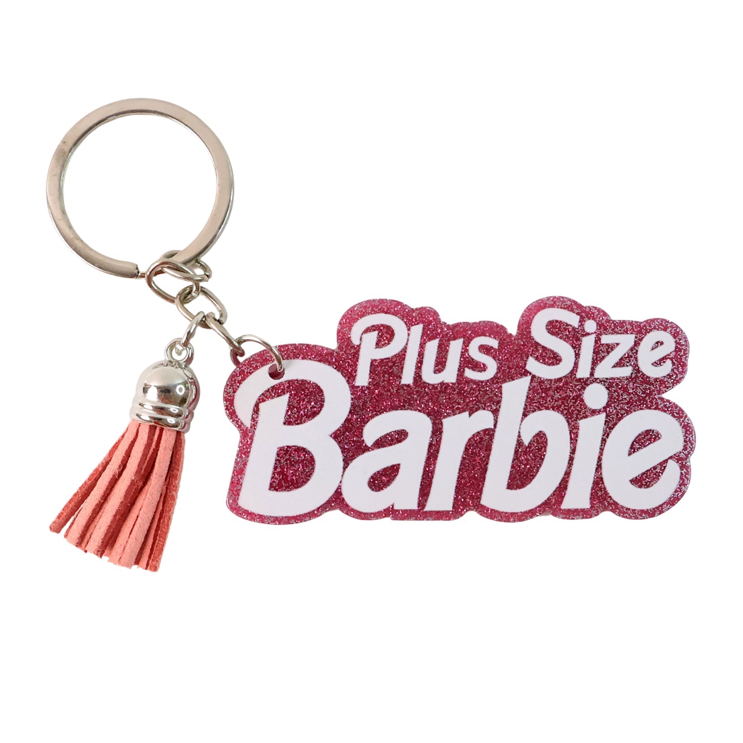 Trendy text keychain featuring Plus Size Barbie with tassel detail