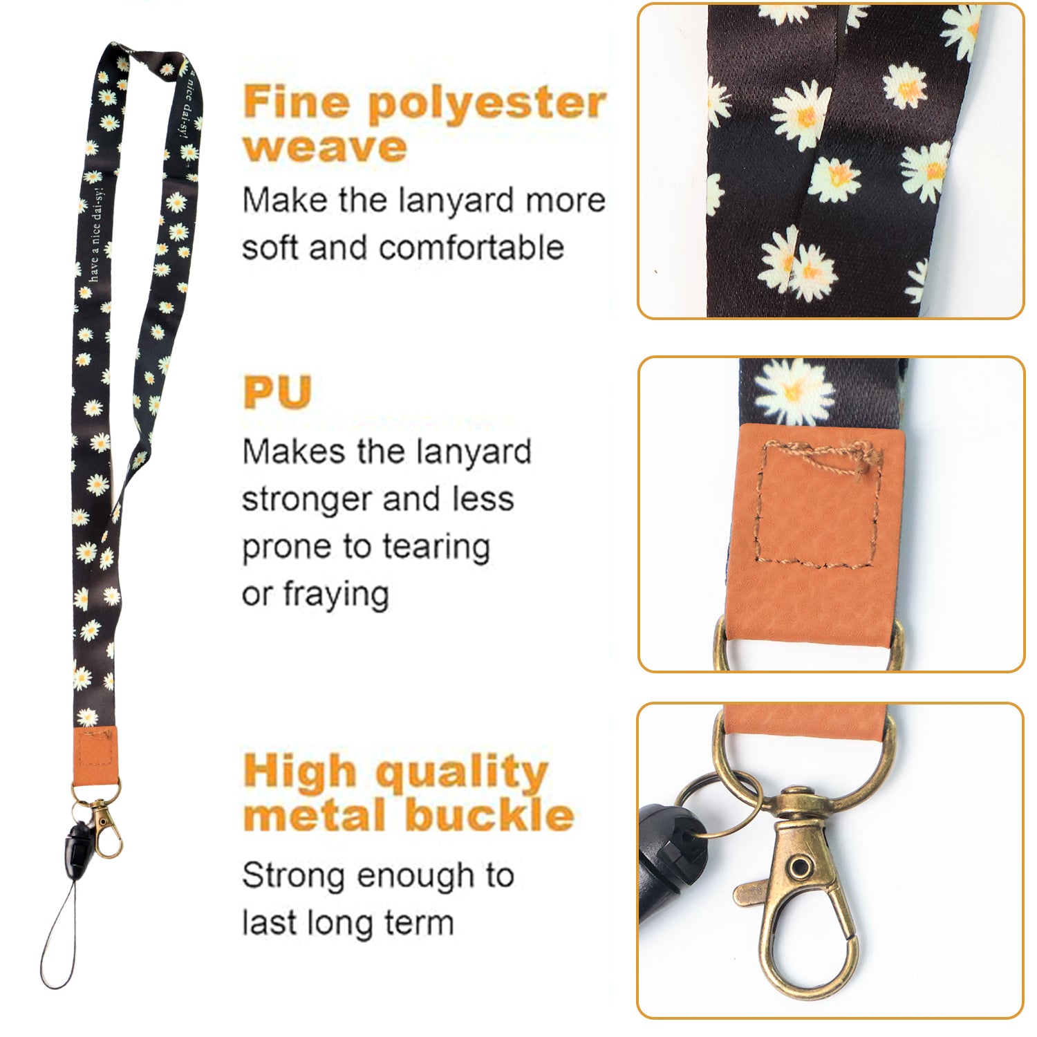 Cute daisy printed lanyard strap with detachable phone string