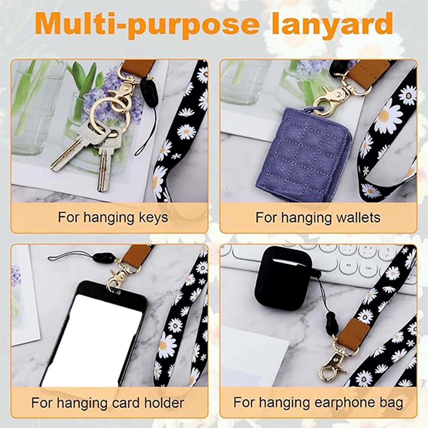 Black floral key strap lanyard with durable metal lobster clasp