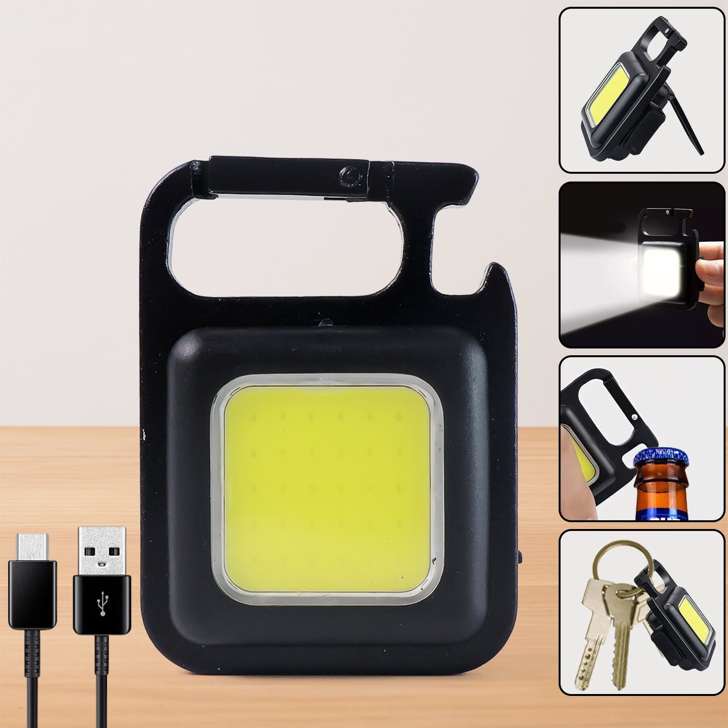 Rechargeable keychain flashlight with 4 light modes and magnetic base.