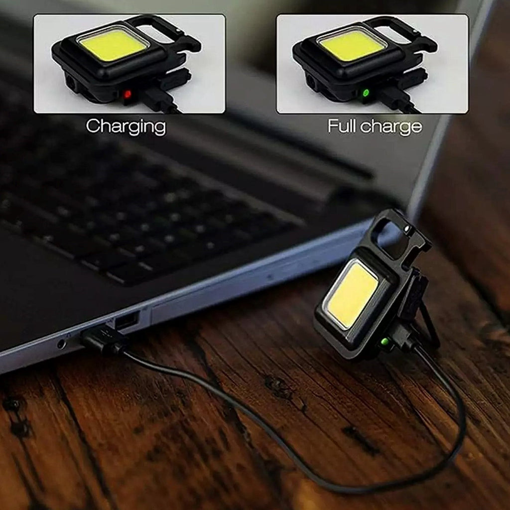 Multi-functional flashlight with built-in bottle opener and folding stand.