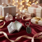 Black silver metal keychain in gift box, stylish key holder
