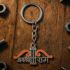 Detailed view of Jai Shree Ram metal keychain attached to keys