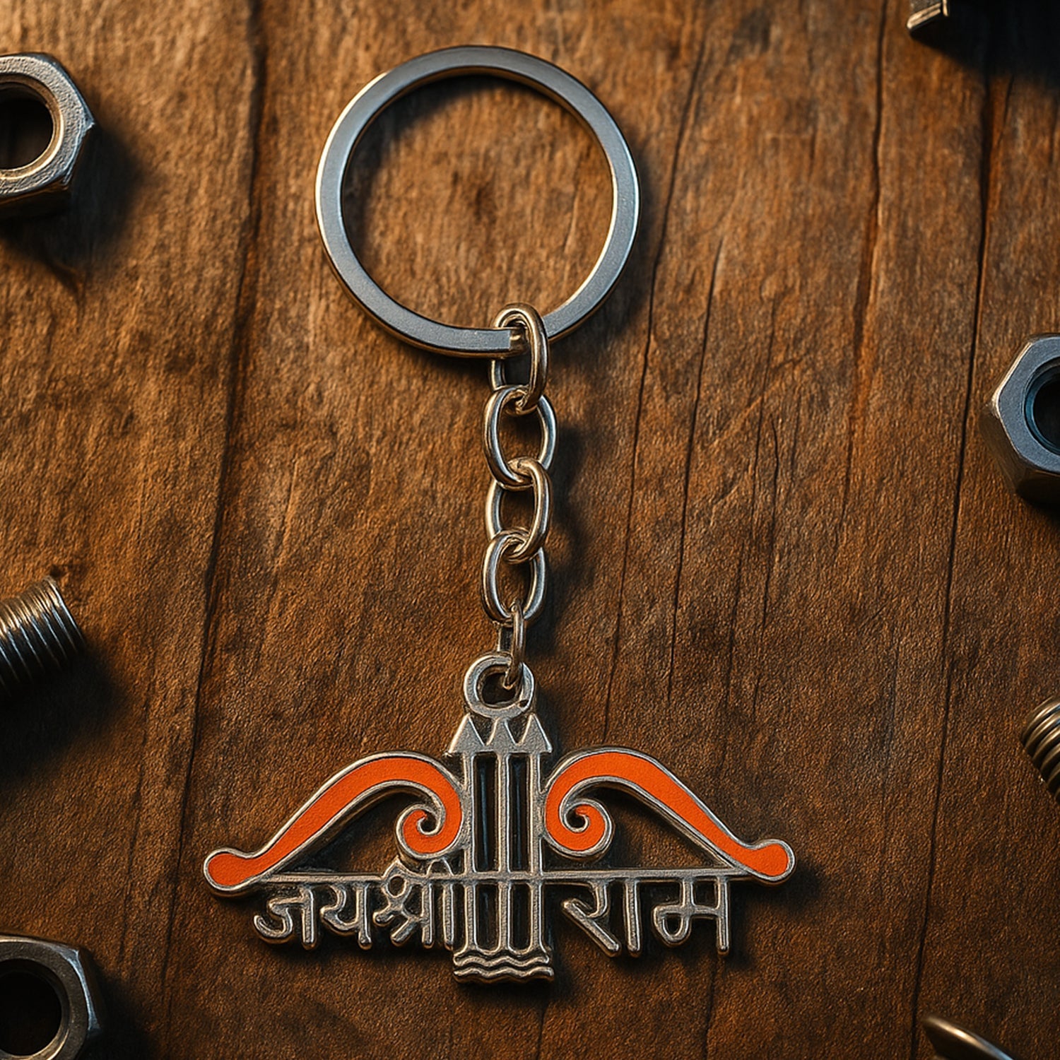 Detailed view of Jai Shree Ram metal keychain attached to keys