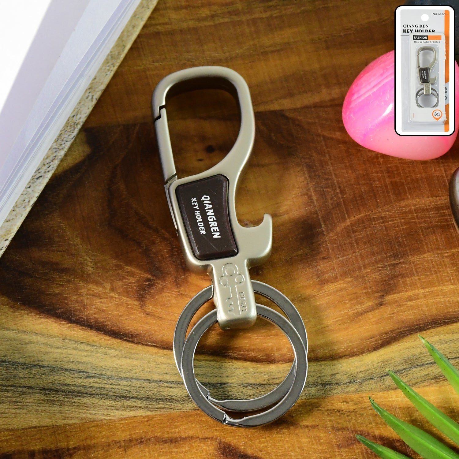 Premium metal carabiner keychain with dual key rings for organized key storage