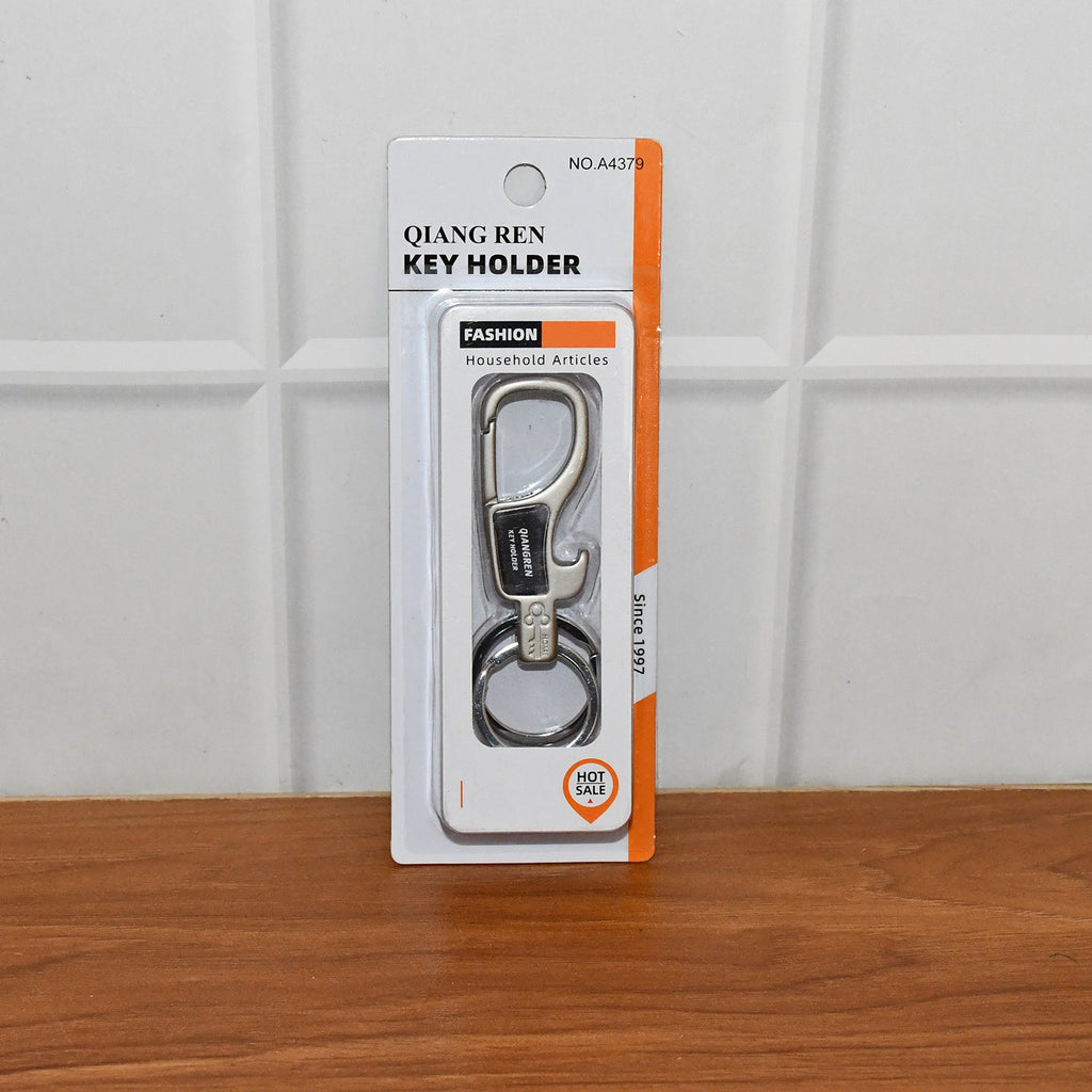Metal carabiner keychain laid flat showing compact design