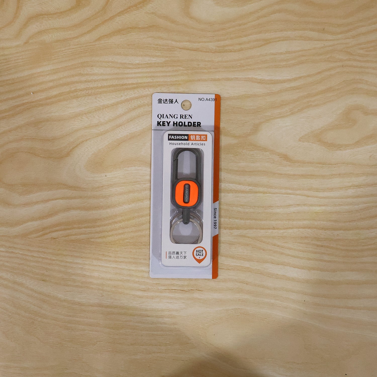 Back view of the push lock metal keychain with dual rings