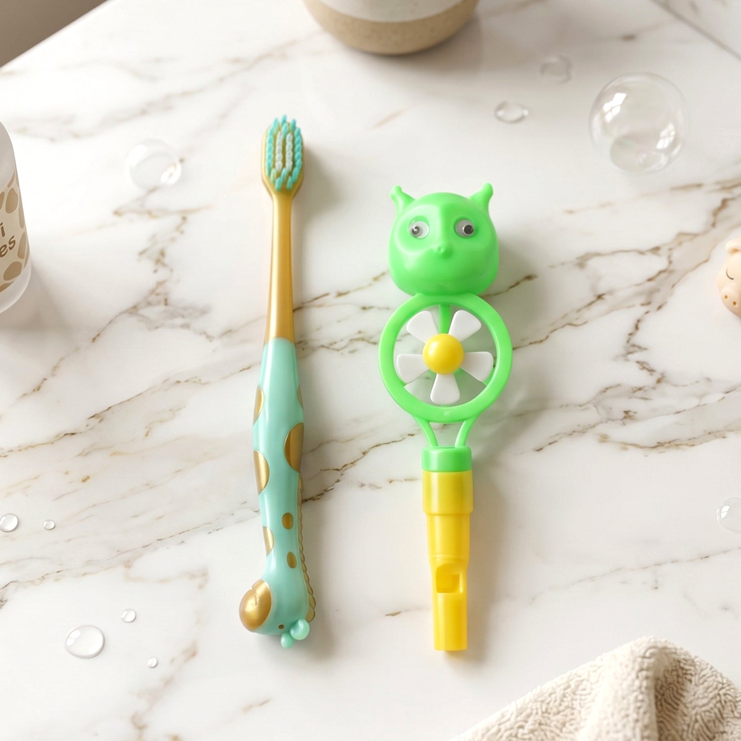 Packaged kids toothbrush set designed with colorful and playful animal whistle toys