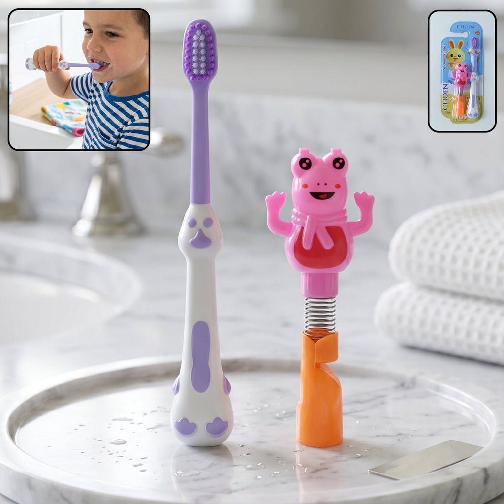 Kids toothbrush set with cartoon spring frog front view