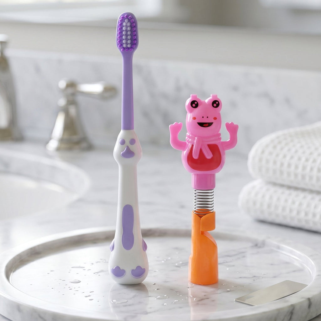 Close-up of soft bristles on kids cartoon frog toothbrush