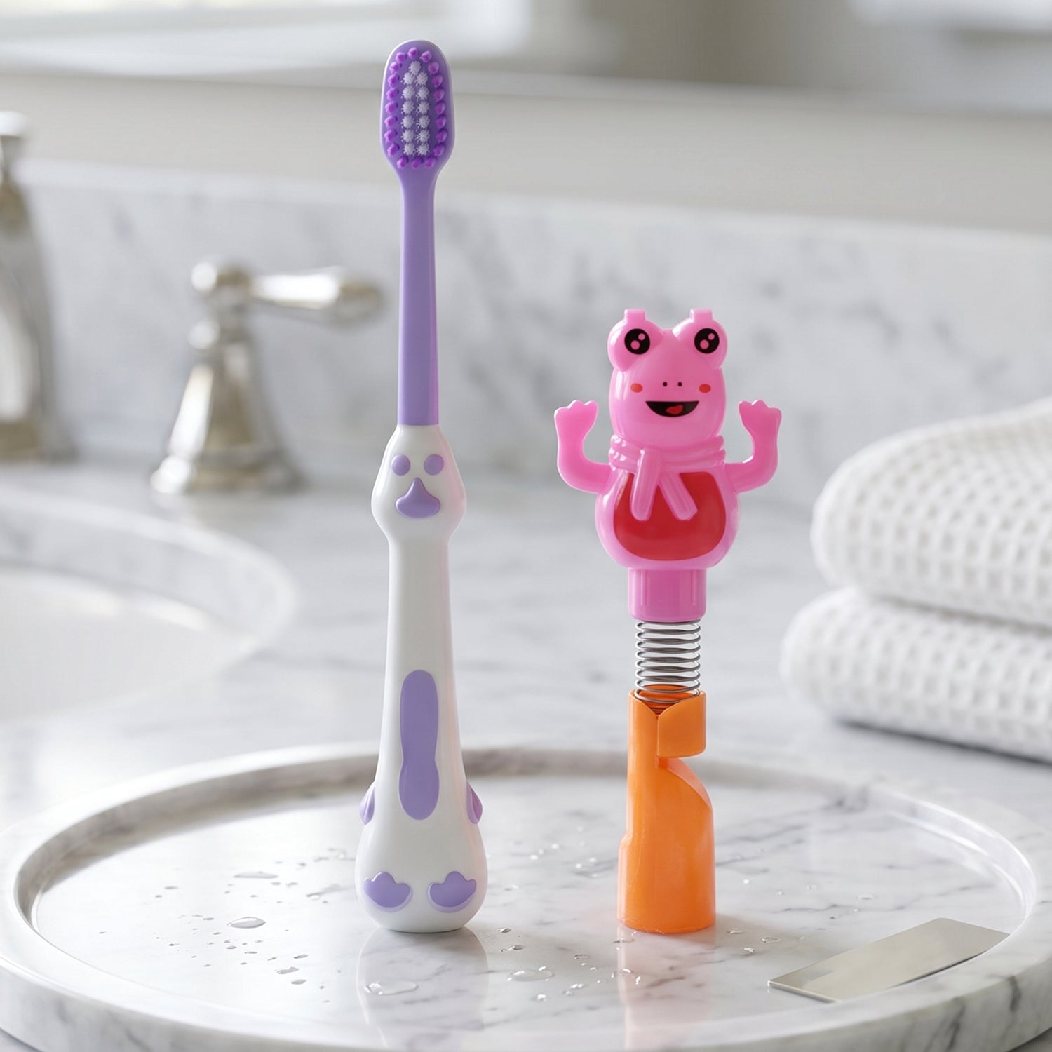 Close-up of soft bristles on kids cartoon frog toothbrush