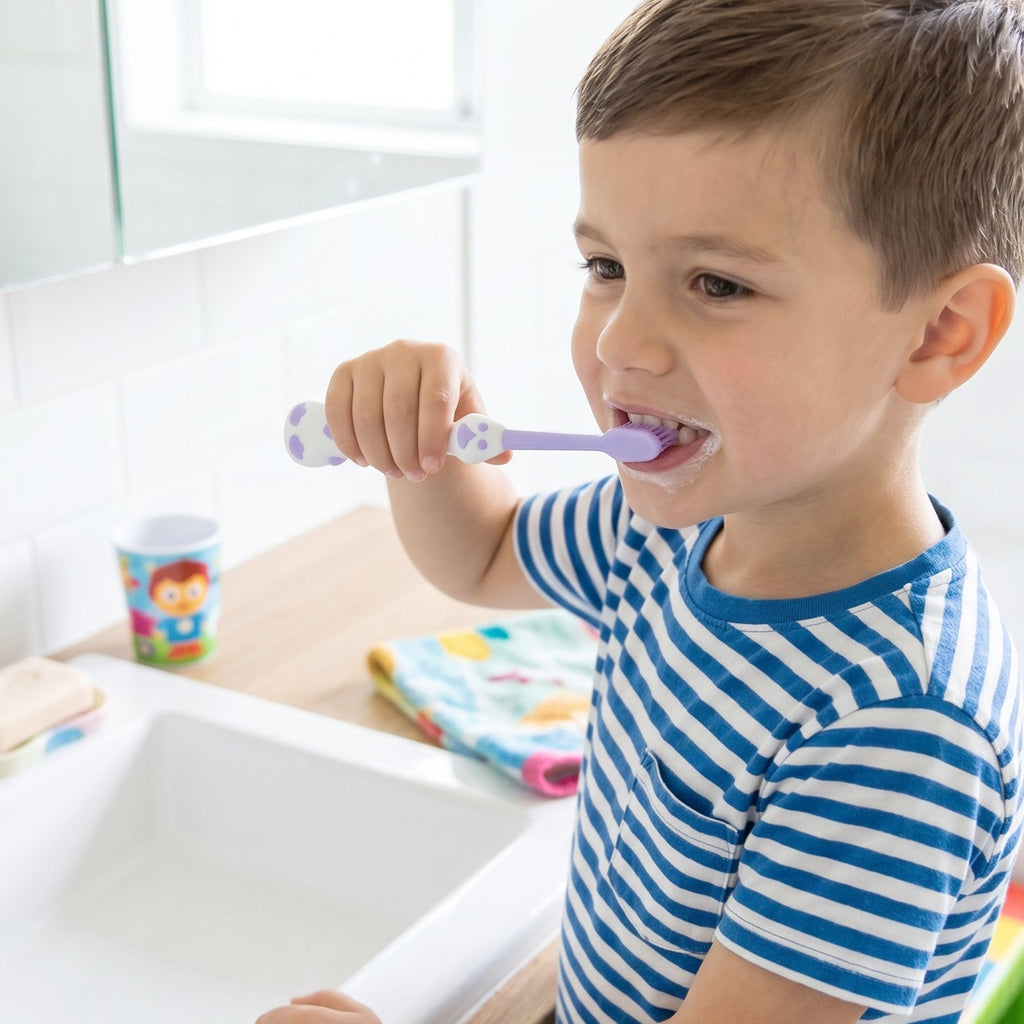 Soft bristles and spring frog toy design on kids toothbrush