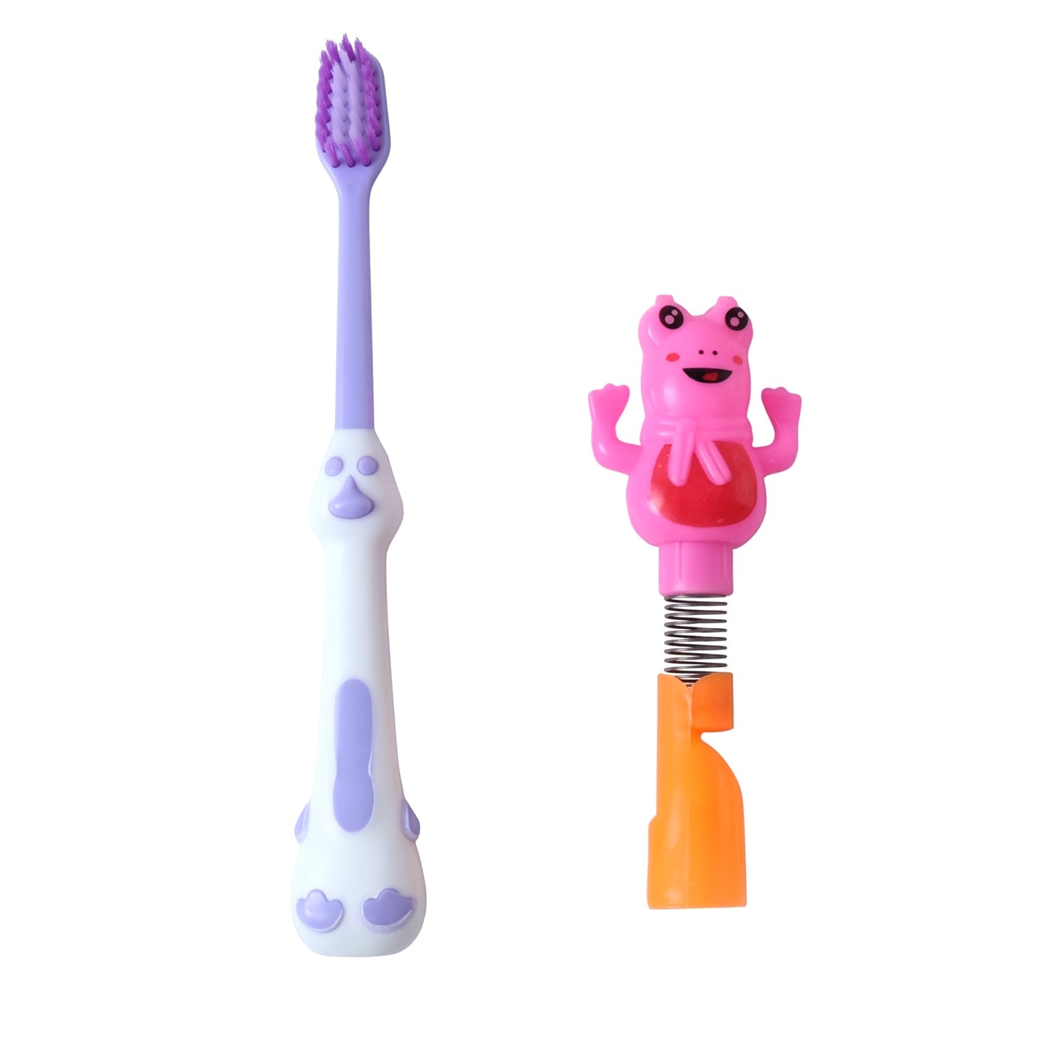 Ergonomic handle detail on kids cartoon spring frog toothbrush