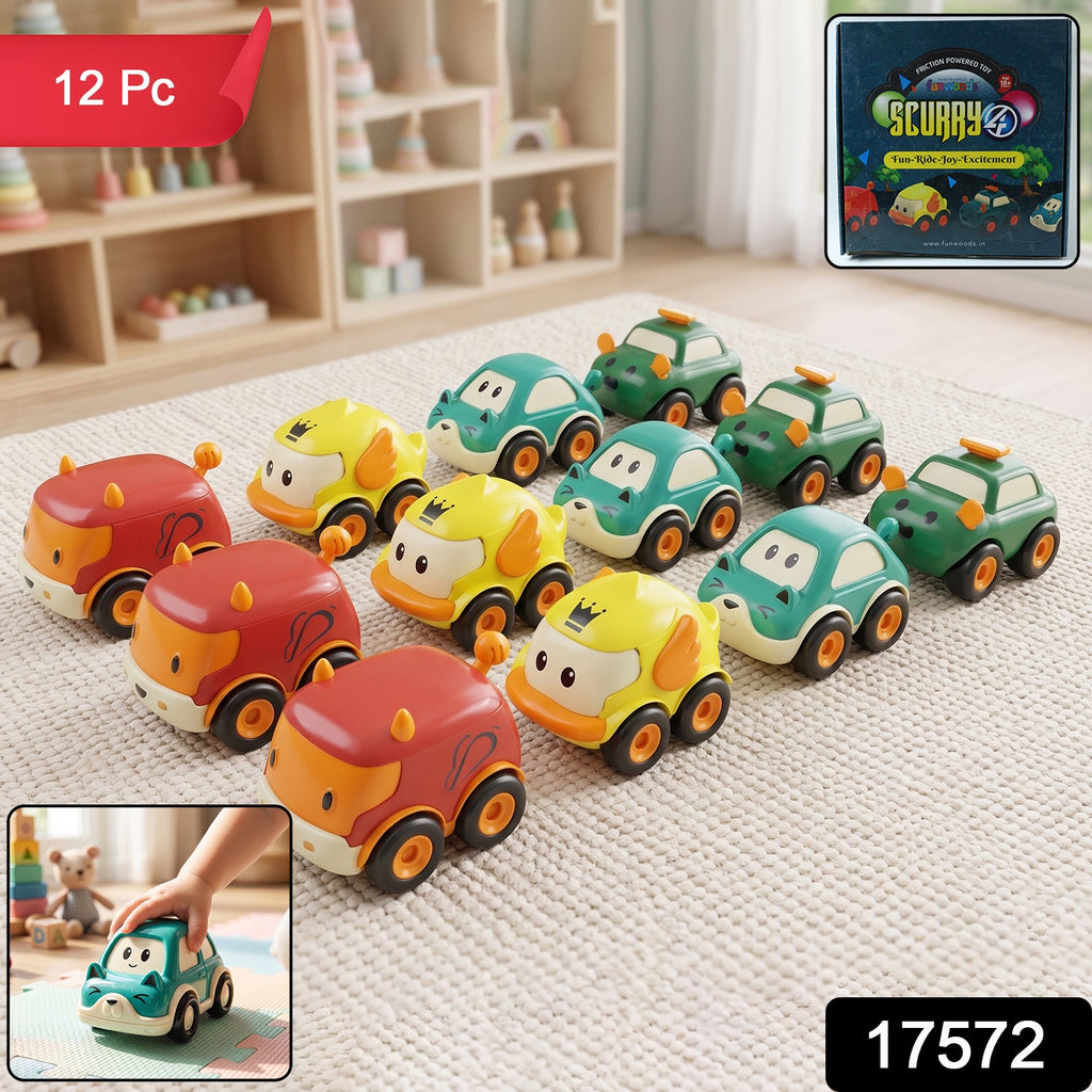 Set of 12 small, colorful pull back toy cars for toddlers