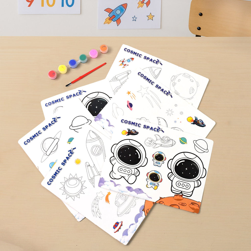 Box packed kids painting kit with cosmic space drawings and painting supplies