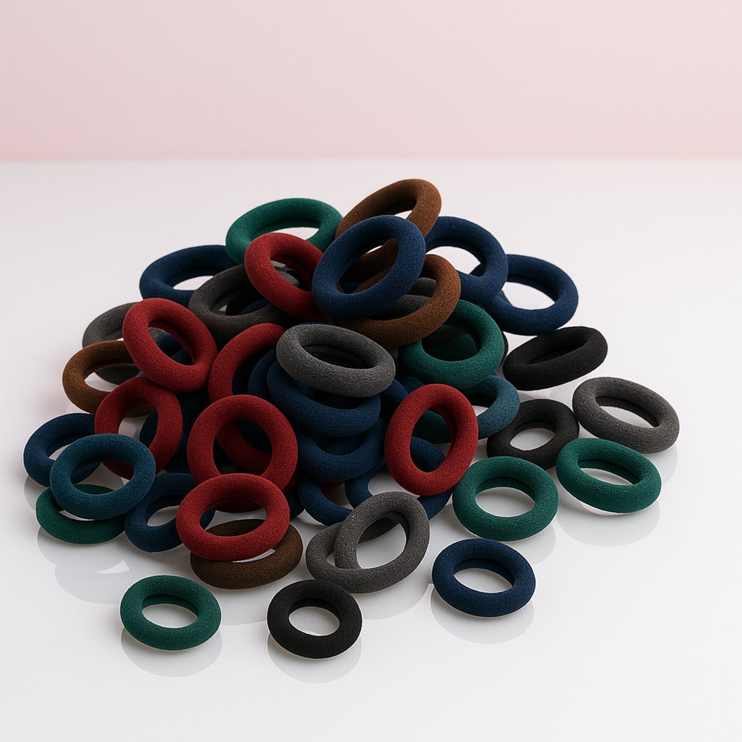 An assortment of colourful small hairbands scattered on a surface, ideal for creating fun hairstyles.
