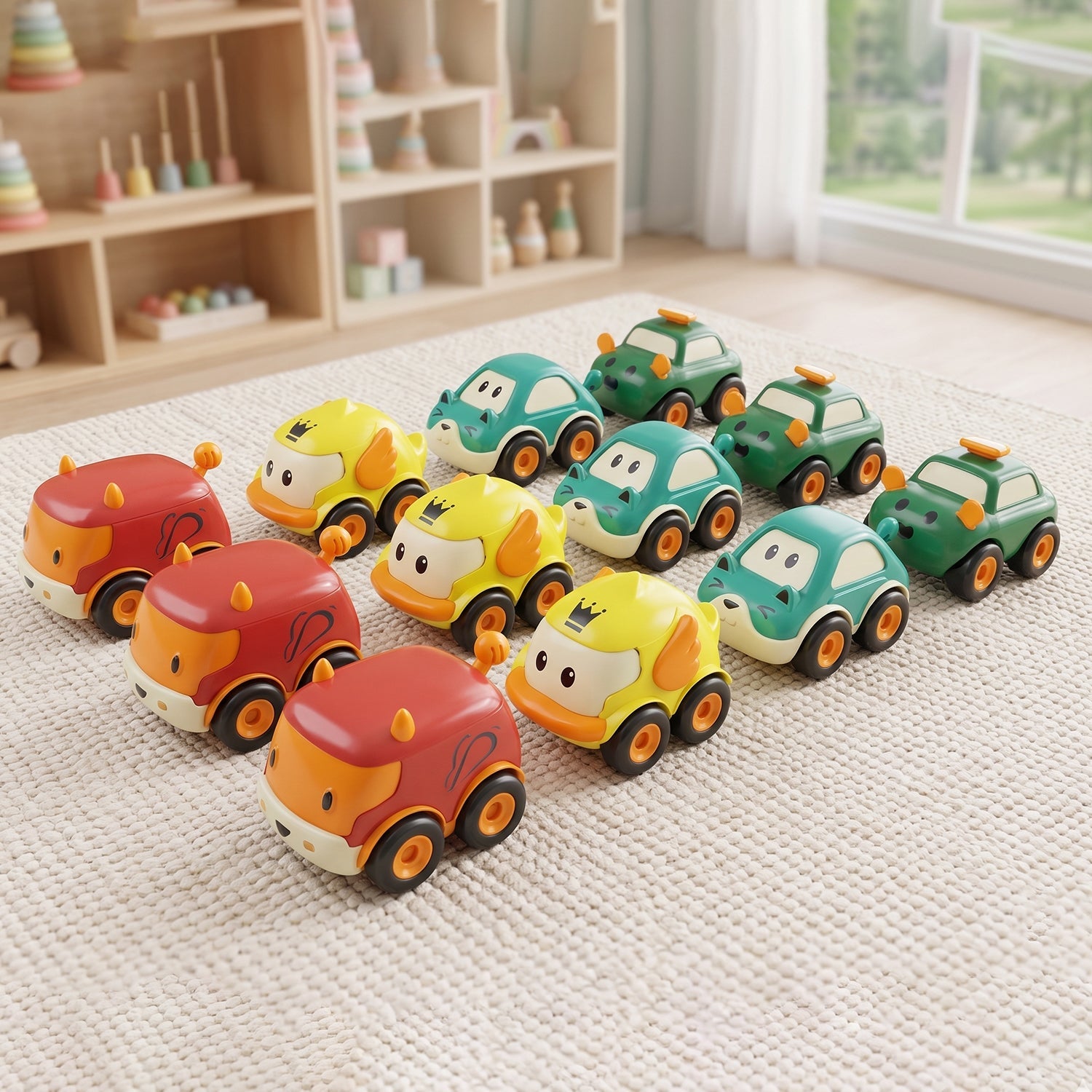 Assorted colorful toy cars from Funwoods Scurry collection