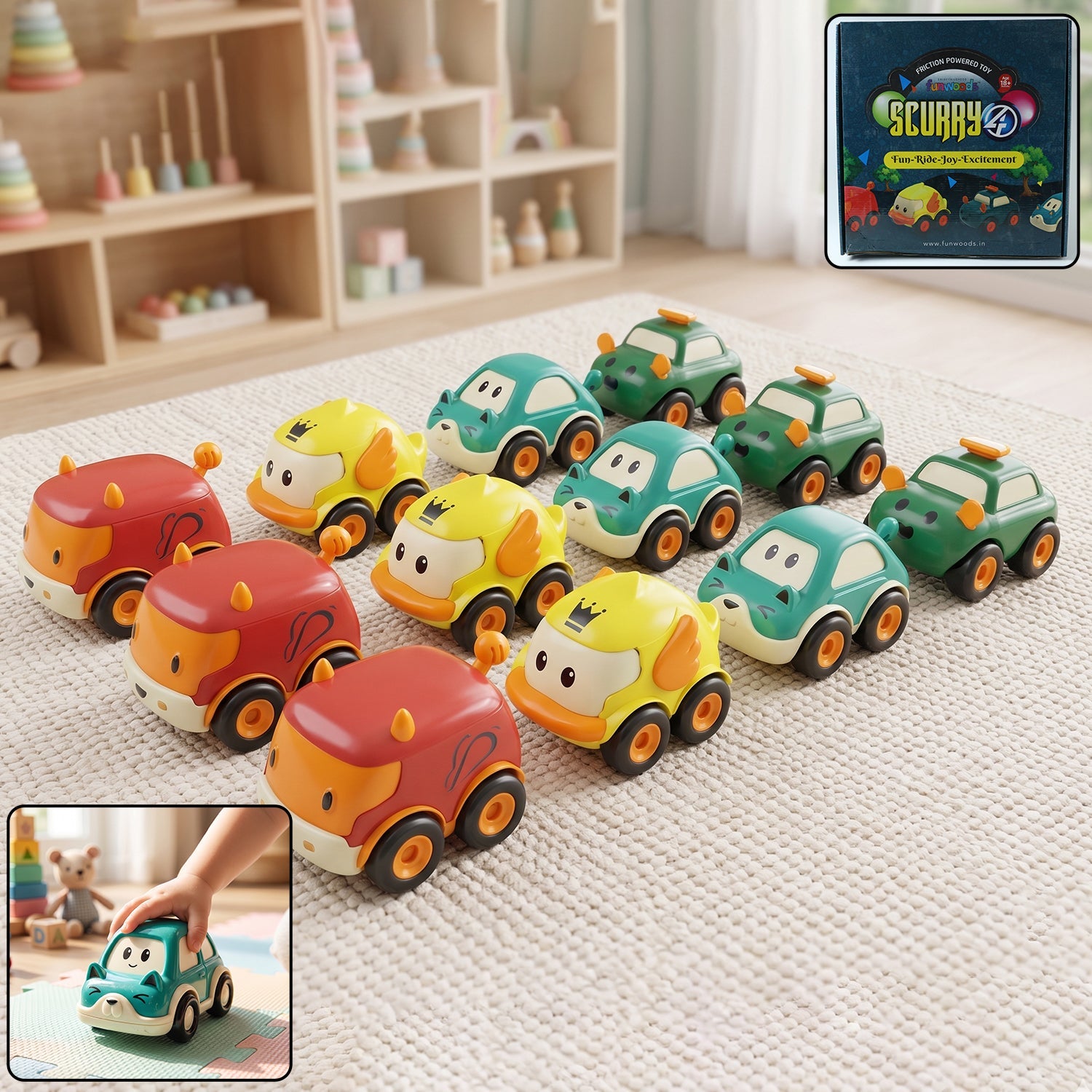 Funwoods Scurry toy cars set showing vibrant colors for kids