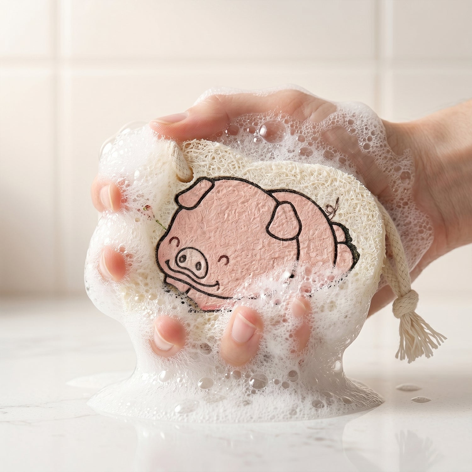 Side view of a cartoon bath scrubber sponge with a secure hanging rope.