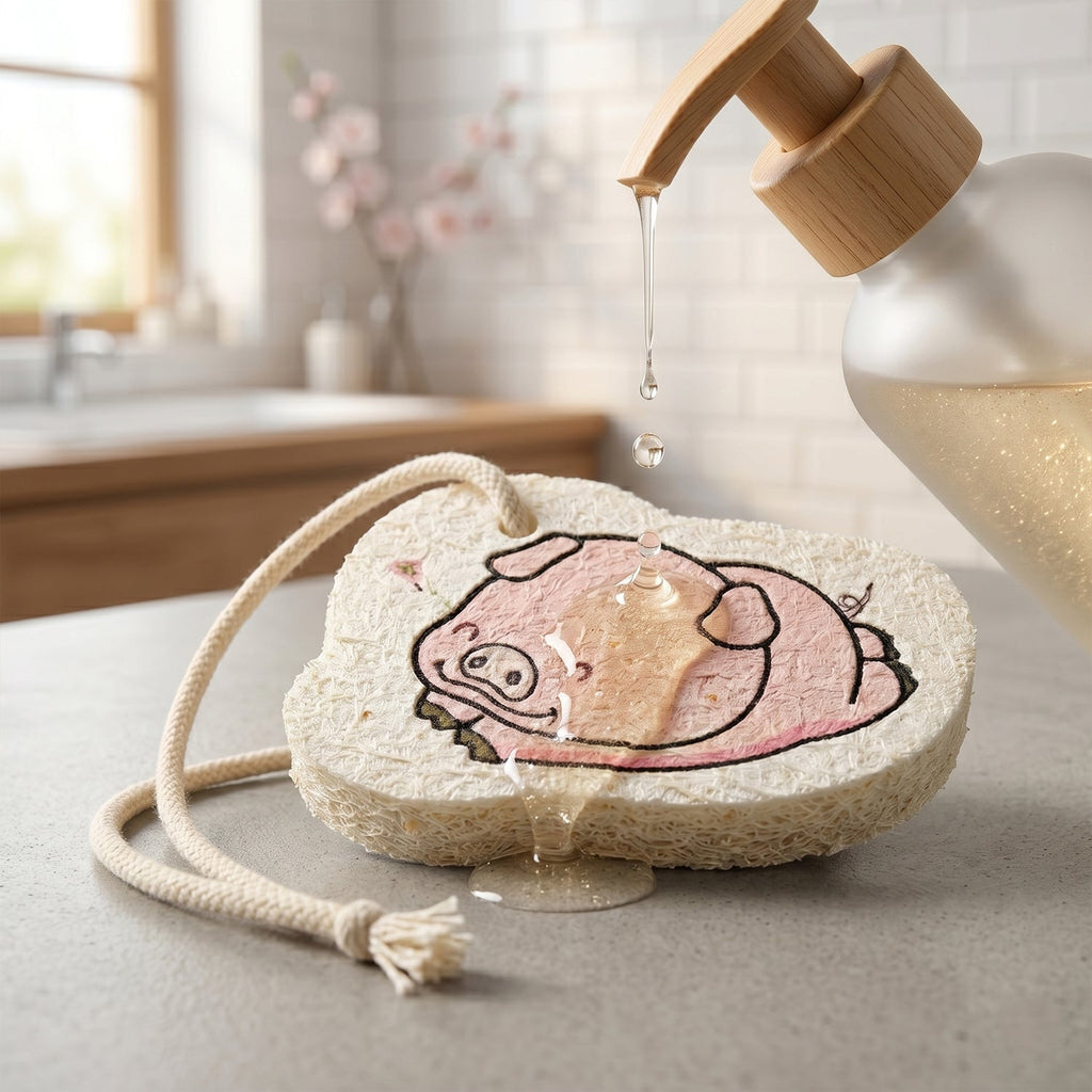 Playful cartoon design on a bath scrubber sponge, perfect for fun bath time.