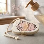 Playful cartoon design on a bath scrubber sponge, perfect for fun bath time.