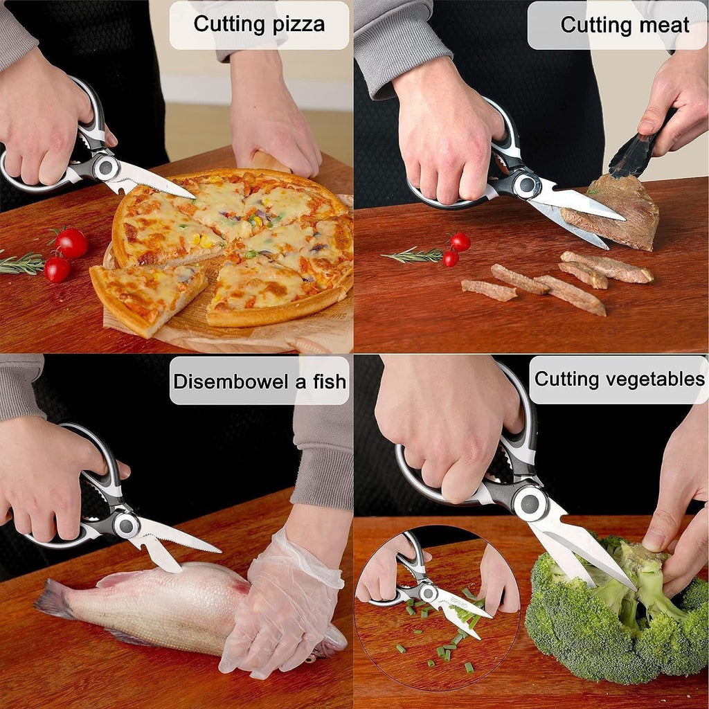 Close-up view of the stainless steel blades and various functions of the kitchen scissor.