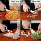 Close-up view of the stainless steel blades and various functions of the kitchen scissor.
