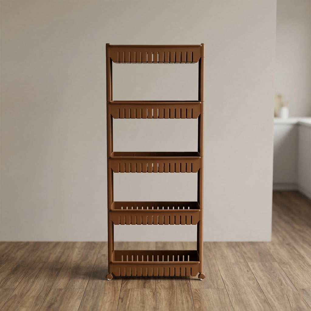 Close-up of multi-tier storage rack with wheels
