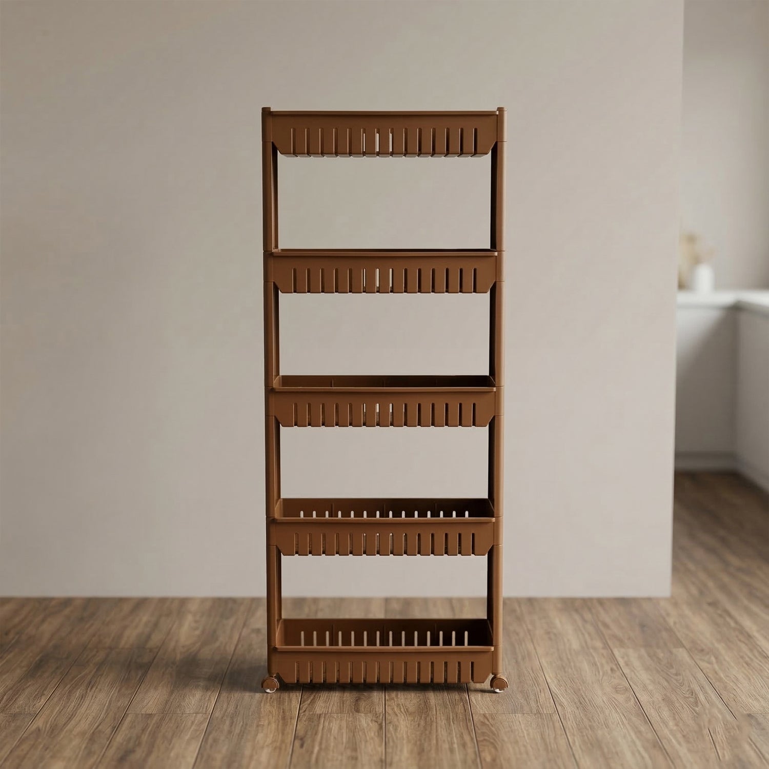 Close-up of multi-tier storage rack with wheels