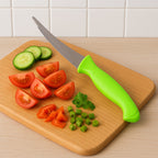 Multipurpose kitchen knife with soft ergonomic handle and sharp stainless steel blade.