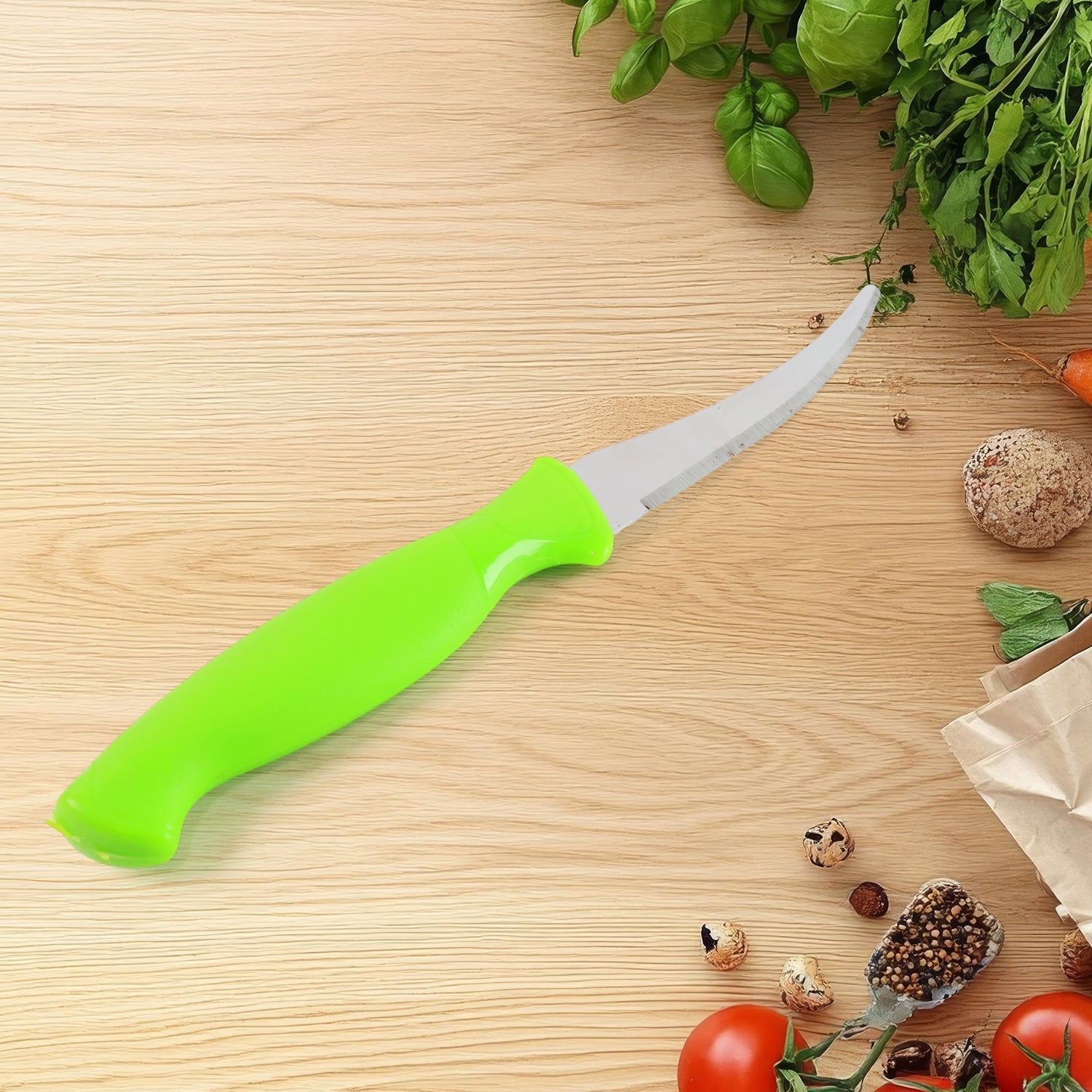 Multipurpose kitchen knife showing ergonomic handle and sharp edge.