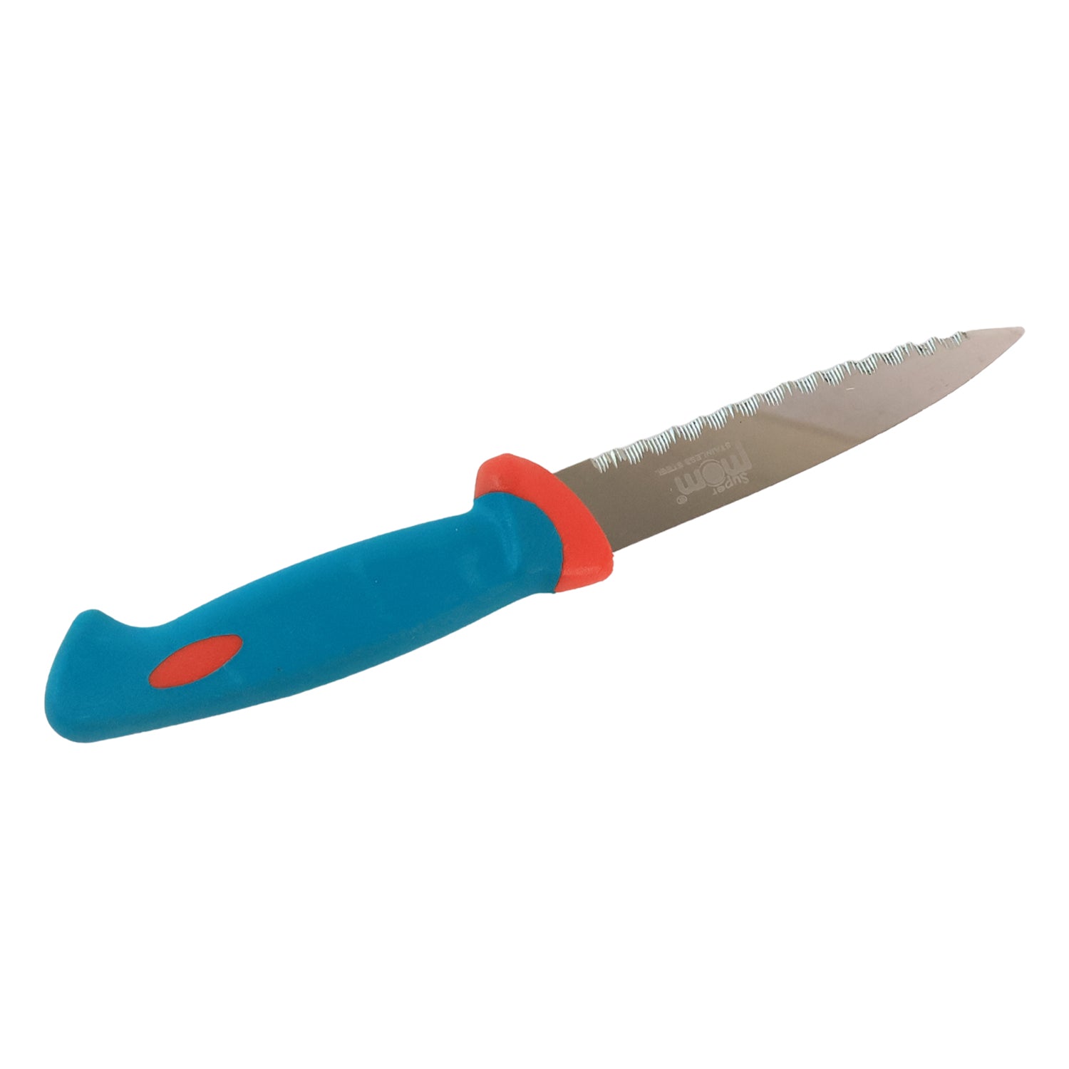 Closeup of the stainless steel paring knife blade and ergonomic handle