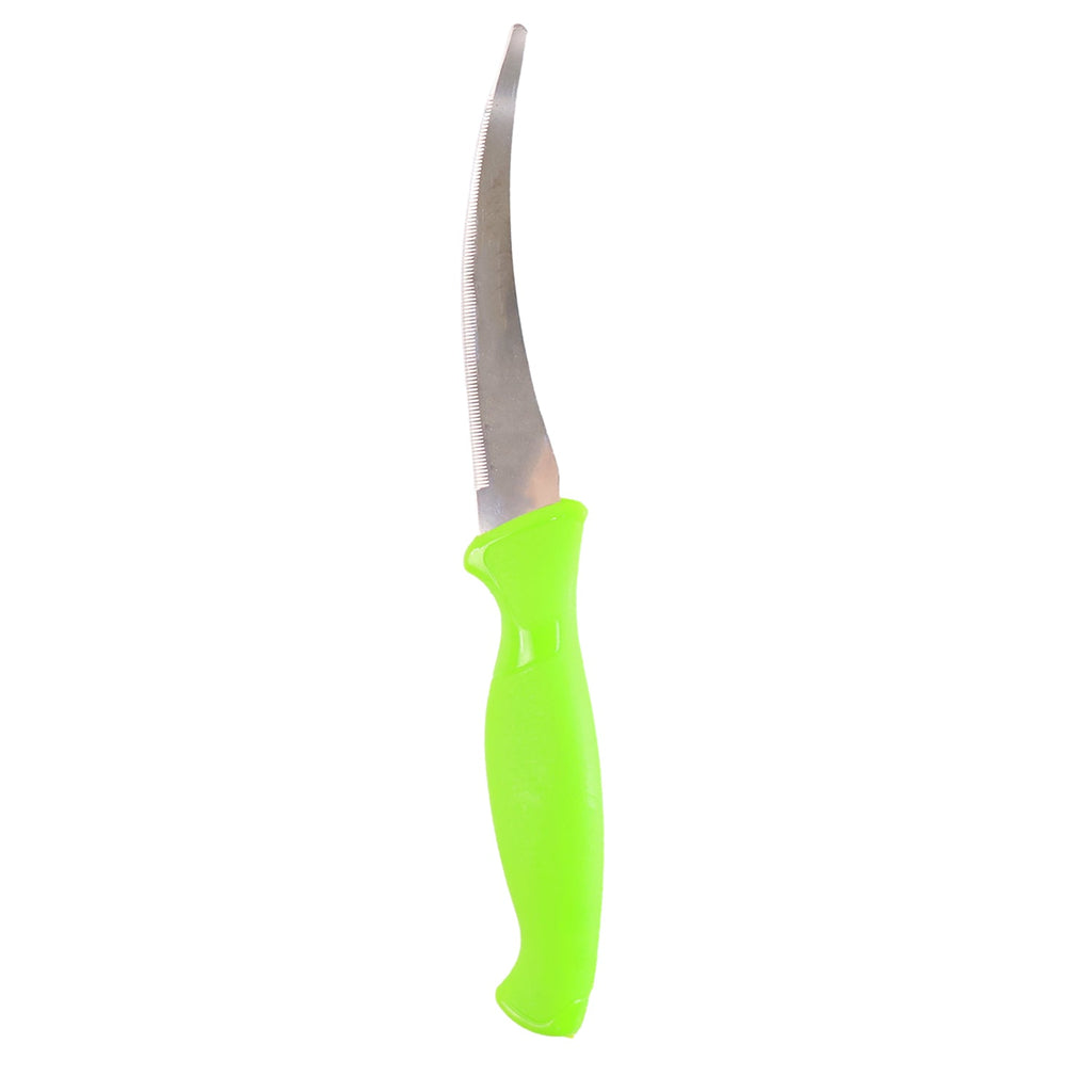 Professional kitchen knife with stainless steel blade and plastic handle.