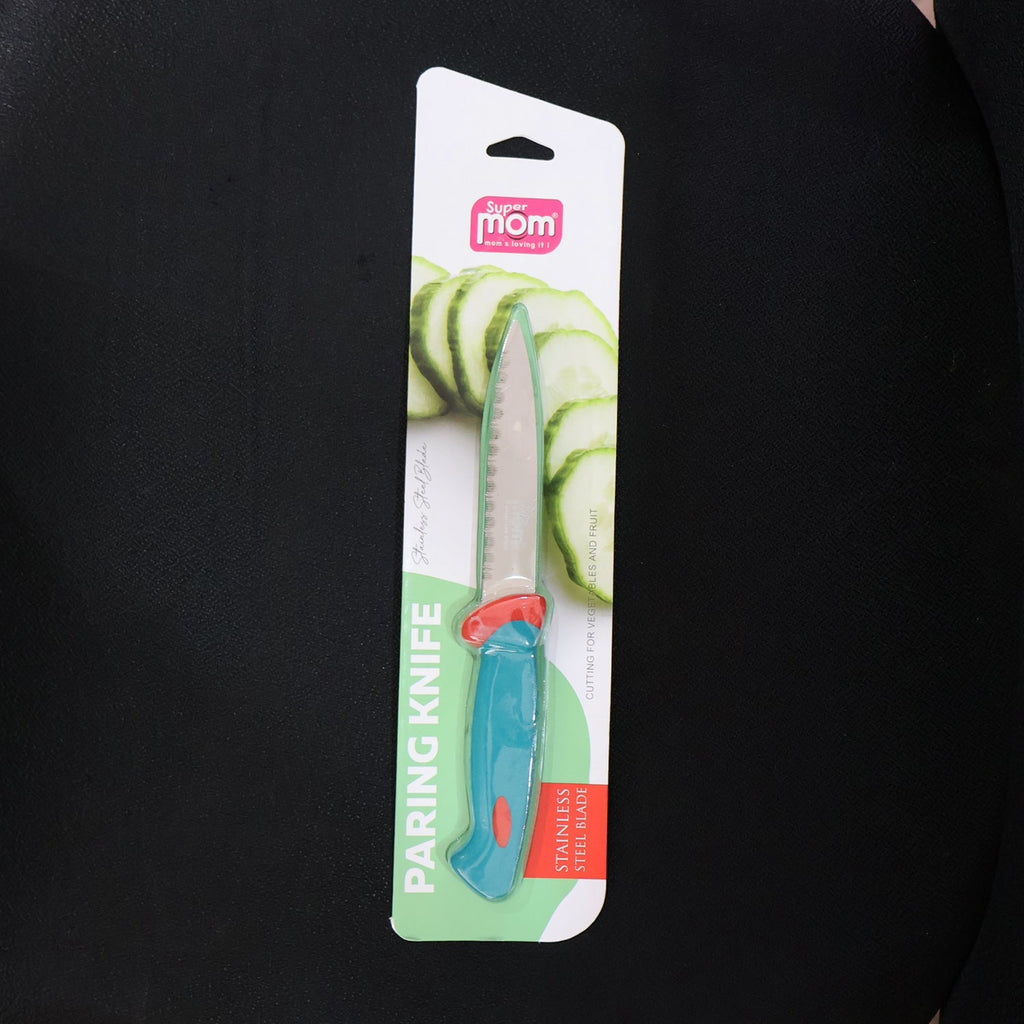 Stainless steel paring knife placed in a kitchen setting