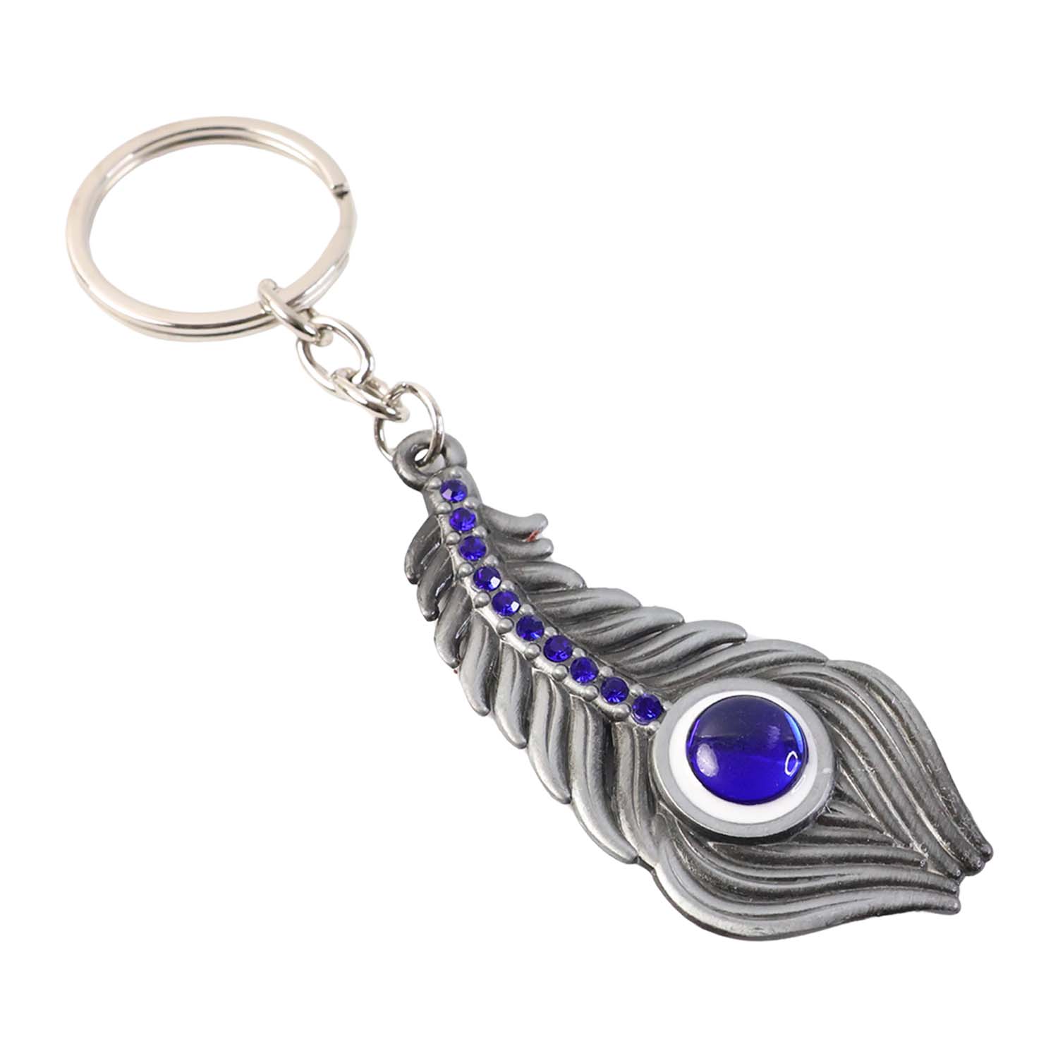 Polished finish metal peacock feather keychain with blue gemstone