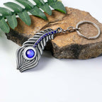 Close-up image showing peacock eye design on metal keychain