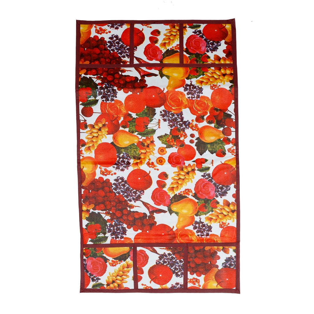 Maroon and white PVC fridge top cover with an elegant fruit design.