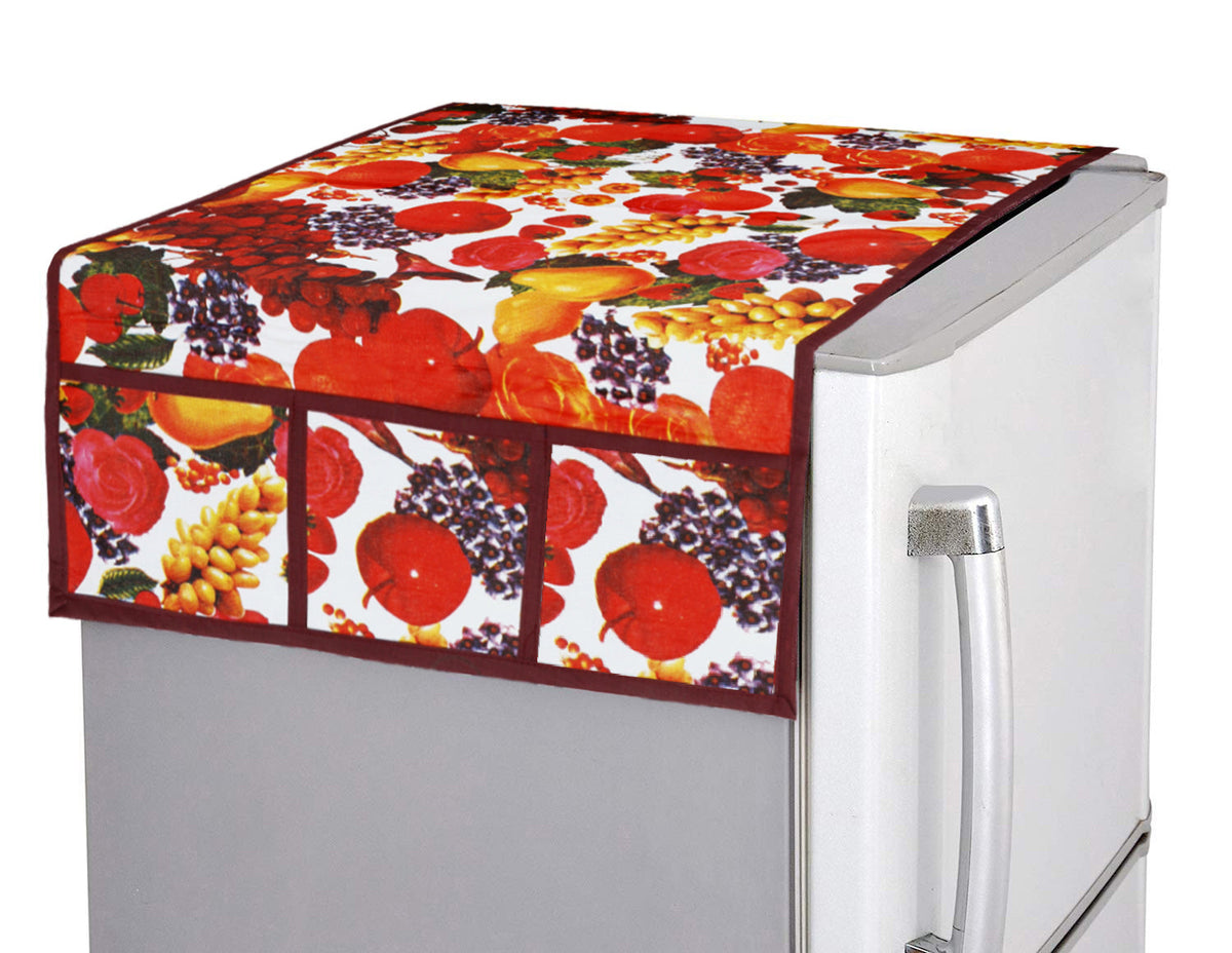 Decorative PVC fridge top cover in white and maroon with a vibrant fruit design.
