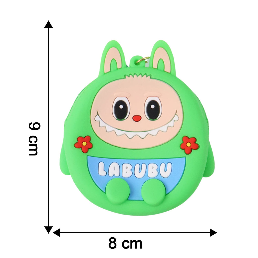 Cartoon coin pouch with overlaid dimensions length 9 cm, width 8 cm, height 3 cm