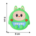 Cartoon coin pouch with overlaid dimensions length 9 cm, width 8 cm, height 3 cm